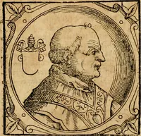An illustration from Historia B. Platinae de vitis pontificum Romanorum : a D.N. Jesu Christo usque ad Paulum II. venetum papam : longe' quam antea emendatior, doctissimarumq[ue] annotationum Onuphrii Panuinii accessione nunc illustrior reddita : cui, eiusdem Onuphrii accurata atque fideli operâ, reliquorum pontificum vitae, usq[ue] ad Pium V. & Antonii Ciccarellae, usq[ue] ad Clementem VIII. qui hodiè sanctæ Romanae Catholicae ecclesiae præsidet, adiunctæ sunt : accesserunt nunc demum omnium pontificum verae effigies : omnia summo studio emendata & correcta (1600)