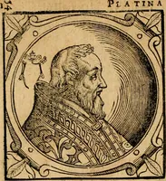 An illustration from Historia B. Platinae de vitis pontificum Romanorum : a D.N. Jesu Christo usque ad Paulum II. venetum papam : longe' quam antea emendatior, doctissimarumq[ue] annotationum Onuphrii Panuinii accessione nunc illustrior reddita : cui, eiusdem Onuphrii accurata atque fideli operâ, reliquorum pontificum vitae, usq[ue] ad Pium V. & Antonii Ciccarellae, usq[ue] ad Clementem VIII. qui hodiè sanctæ Romanae Catholicae ecclesiae præsidet, adiunctæ sunt : accesserunt nunc demum omnium pontificum verae effigies : omnia summo studio emendata & correcta (1600)