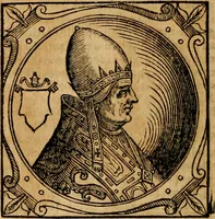 An illustration from Historia B. Platinae de vitis pontificum Romanorum : a D.N. Jesu Christo usque ad Paulum II. venetum papam : longe' quam antea emendatior, doctissimarumq[ue] annotationum Onuphrii Panuinii accessione nunc illustrior reddita : cui, eiusdem Onuphrii accurata atque fideli operâ, reliquorum pontificum vitae, usq[ue] ad Pium V. & Antonii Ciccarellae, usq[ue] ad Clementem VIII. qui hodiè sanctæ Romanae Catholicae ecclesiae præsidet, adiunctæ sunt : accesserunt nunc demum omnium pontificum verae effigies : omnia summo studio emendata & correcta (1600)