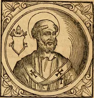An illustration from Historia B. Platinae de vitis pontificum Romanorum : a D.N. Jesu Christo usque ad Paulum II. venetum papam : longe' quam antea emendatior, doctissimarumq[ue] annotationum Onuphrii Panuinii accessione nunc illustrior reddita : cui, eiusdem Onuphrii accurata atque fideli operâ, reliquorum pontificum vitae, usq[ue] ad Pium V. & Antonii Ciccarellae, usq[ue] ad Clementem VIII. qui hodiè sanctæ Romanae Catholicae ecclesiae præsidet, adiunctæ sunt : accesserunt nunc demum omnium pontificum verae effigies : omnia summo studio emendata & correcta (1600)