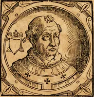 An illustration from Historia B. Platinae de vitis pontificum Romanorum : a D.N. Jesu Christo usque ad Paulum II. venetum papam : longe' quam antea emendatior, doctissimarumq[ue] annotationum Onuphrii Panuinii accessione nunc illustrior reddita : cui, eiusdem Onuphrii accurata atque fideli operâ, reliquorum pontificum vitae, usq[ue] ad Pium V. & Antonii Ciccarellae, usq[ue] ad Clementem VIII. qui hodiè sanctæ Romanae Catholicae ecclesiae præsidet, adiunctæ sunt : accesserunt nunc demum omnium pontificum verae effigies : omnia summo studio emendata & correcta (1600)