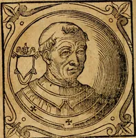 An illustration from Historia B. Platinae de vitis pontificum Romanorum : a D.N. Jesu Christo usque ad Paulum II. venetum papam : longe' quam antea emendatior, doctissimarumq[ue] annotationum Onuphrii Panuinii accessione nunc illustrior reddita : cui, eiusdem Onuphrii accurata atque fideli operâ, reliquorum pontificum vitae, usq[ue] ad Pium V. & Antonii Ciccarellae, usq[ue] ad Clementem VIII. qui hodiè sanctæ Romanae Catholicae ecclesiae præsidet, adiunctæ sunt : accesserunt nunc demum omnium pontificum verae effigies : omnia summo studio emendata & correcta (1600)