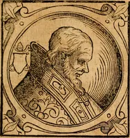 An illustration from Historia B. Platinae de vitis pontificum Romanorum : a D.N. Jesu Christo usque ad Paulum II. venetum papam : longe' quam antea emendatior, doctissimarumq[ue] annotationum Onuphrii Panuinii accessione nunc illustrior reddita : cui, eiusdem Onuphrii accurata atque fideli operâ, reliquorum pontificum vitae, usq[ue] ad Pium V. & Antonii Ciccarellae, usq[ue] ad Clementem VIII. qui hodiè sanctæ Romanae Catholicae ecclesiae præsidet, adiunctæ sunt : accesserunt nunc demum omnium pontificum verae effigies : omnia summo studio emendata & correcta (1600)