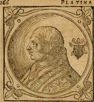 An illustration from Historia B. Platinae de vitis pontificum Romanorum : a D.N. Jesu Christo usque ad Paulum II. venetum papam : longe' quam antea emendatior, doctissimarumq[ue] annotationum Onuphrii Panuinii accessione nunc illustrior reddita : cui, eiusdem Onuphrii accurata atque fideli operâ, reliquorum pontificum vitae, usq[ue] ad Pium V. & Antonii Ciccarellae, usq[ue] ad Clementem VIII. qui hodiè sanctæ Romanae Catholicae ecclesiae præsidet, adiunctæ sunt : accesserunt nunc demum omnium pontificum verae effigies : omnia summo studio emendata & correcta (1600)