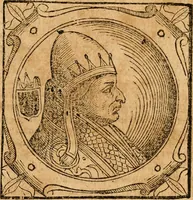 An illustration from Historia B. Platinae de vitis pontificum Romanorum : a D.N. Jesu Christo usque ad Paulum II. venetum papam : longe' quam antea emendatior, doctissimarumq[ue] annotationum Onuphrii Panuinii accessione nunc illustrior reddita : cui, eiusdem Onuphrii accurata atque fideli operâ, reliquorum pontificum vitae, usq[ue] ad Pium V. & Antonii Ciccarellae, usq[ue] ad Clementem VIII. qui hodiè sanctæ Romanae Catholicae ecclesiae præsidet, adiunctæ sunt : accesserunt nunc demum omnium pontificum verae effigies : omnia summo studio emendata & correcta (1600)