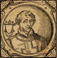 An illustration from Historia B. Platinae de vitis pontificum Romanorum : a D.N. Jesu Christo usque ad Paulum II. venetum papam : longe' quam antea emendatior, doctissimarumq[ue] annotationum Onuphrii Panuinii accessione nunc illustrior reddita : cui, eiusdem Onuphrii accurata atque fideli operâ, reliquorum pontificum vitae, usq[ue] ad Pium V. & Antonii Ciccarellae, usq[ue] ad Clementem VIII. qui hodiè sanctæ Romanae Catholicae ecclesiae præsidet, adiunctæ sunt : accesserunt nunc demum omnium pontificum verae effigies : omnia summo studio emendata & correcta (1600)