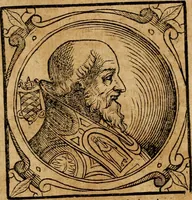 An illustration from Historia B. Platinae de vitis pontificum Romanorum : a D.N. Jesu Christo usque ad Paulum II. venetum papam : longe' quam antea emendatior, doctissimarumq[ue] annotationum Onuphrii Panuinii accessione nunc illustrior reddita : cui, eiusdem Onuphrii accurata atque fideli operâ, reliquorum pontificum vitae, usq[ue] ad Pium V. & Antonii Ciccarellae, usq[ue] ad Clementem VIII. qui hodiè sanctæ Romanae Catholicae ecclesiae præsidet, adiunctæ sunt : accesserunt nunc demum omnium pontificum verae effigies : omnia summo studio emendata & correcta (1600)