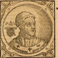 An illustration from Historia B. Platinae de vitis pontificum Romanorum : a D.N. Jesu Christo usque ad Paulum II. venetum papam : longe' quam antea emendatior, doctissimarumq[ue] annotationum Onuphrii Panuinii accessione nunc illustrior reddita : cui, eiusdem Onuphrii accurata atque fideli operâ, reliquorum pontificum vitae, usq[ue] ad Pium V. & Antonii Ciccarellae, usq[ue] ad Clementem VIII. qui hodiè sanctæ Romanae Catholicae ecclesiae præsidet, adiunctæ sunt : accesserunt nunc demum omnium pontificum verae effigies : omnia summo studio emendata & correcta (1600)