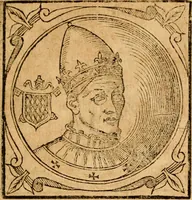 An illustration from Historia B. Platinae de vitis pontificum Romanorum : a D.N. Jesu Christo usque ad Paulum II. venetum papam : longe' quam antea emendatior, doctissimarumq[ue] annotationum Onuphrii Panuinii accessione nunc illustrior reddita : cui, eiusdem Onuphrii accurata atque fideli operâ, reliquorum pontificum vitae, usq[ue] ad Pium V. & Antonii Ciccarellae, usq[ue] ad Clementem VIII. qui hodiè sanctæ Romanae Catholicae ecclesiae præsidet, adiunctæ sunt : accesserunt nunc demum omnium pontificum verae effigies : omnia summo studio emendata & correcta (1600)
