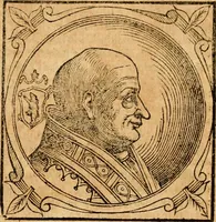 An illustration from Historia B. Platinae de vitis pontificum Romanorum : a D.N. Jesu Christo usque ad Paulum II. venetum papam : longe' quam antea emendatior, doctissimarumq[ue] annotationum Onuphrii Panuinii accessione nunc illustrior reddita : cui, eiusdem Onuphrii accurata atque fideli operâ, reliquorum pontificum vitae, usq[ue] ad Pium V. & Antonii Ciccarellae, usq[ue] ad Clementem VIII. qui hodiè sanctæ Romanae Catholicae ecclesiae præsidet, adiunctæ sunt : accesserunt nunc demum omnium pontificum verae effigies : omnia summo studio emendata & correcta (1600)