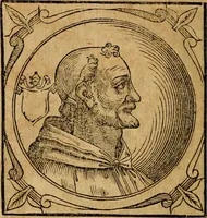 An illustration from Historia B. Platinae de vitis pontificum Romanorum : a D.N. Jesu Christo usque ad Paulum II. venetum papam : longe' quam antea emendatior, doctissimarumq[ue] annotationum Onuphrii Panuinii accessione nunc illustrior reddita : cui, eiusdem Onuphrii accurata atque fideli operâ, reliquorum pontificum vitae, usq[ue] ad Pium V. & Antonii Ciccarellae, usq[ue] ad Clementem VIII. qui hodiè sanctæ Romanae Catholicae ecclesiae præsidet, adiunctæ sunt : accesserunt nunc demum omnium pontificum verae effigies : omnia summo studio emendata & correcta (1600)