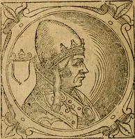 An illustration from Historia B. Platinae de vitis pontificum Romanorum : a D.N. Jesu Christo usque ad Paulum II. venetum papam : longe' quam antea emendatior, doctissimarumq[ue] annotationum Onuphrii Panuinii accessione nunc illustrior reddita : cui, eiusdem Onuphrii accurata atque fideli operâ, reliquorum pontificum vitae, usq[ue] ad Pium V. & Antonii Ciccarellae, usq[ue] ad Clementem VIII. qui hodiè sanctæ Romanae Catholicae ecclesiae præsidet, adiunctæ sunt : accesserunt nunc demum omnium pontificum verae effigies : omnia summo studio emendata & correcta (1600)
