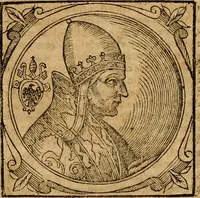 An illustration from Historia B. Platinae de vitis pontificum Romanorum : a D.N. Jesu Christo usque ad Paulum II. venetum papam : longe' quam antea emendatior, doctissimarumq[ue] annotationum Onuphrii Panuinii accessione nunc illustrior reddita : cui, eiusdem Onuphrii accurata atque fideli operâ, reliquorum pontificum vitae, usq[ue] ad Pium V. & Antonii Ciccarellae, usq[ue] ad Clementem VIII. qui hodiè sanctæ Romanae Catholicae ecclesiae præsidet, adiunctæ sunt : accesserunt nunc demum omnium pontificum verae effigies : omnia summo studio emendata & correcta (1600)