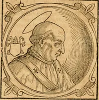 An illustration from Historia B. Platinae de vitis pontificum Romanorum : a D.N. Jesu Christo usque ad Paulum II. venetum papam : longe' quam antea emendatior, doctissimarumq[ue] annotationum Onuphrii Panuinii accessione nunc illustrior reddita : cui, eiusdem Onuphrii accurata atque fideli operâ, reliquorum pontificum vitae, usq[ue] ad Pium V. & Antonii Ciccarellae, usq[ue] ad Clementem VIII. qui hodiè sanctæ Romanae Catholicae ecclesiae præsidet, adiunctæ sunt : accesserunt nunc demum omnium pontificum verae effigies : omnia summo studio emendata & correcta (1600)