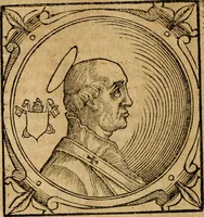 An illustration from Historia B. Platinae de vitis pontificum Romanorum : a D.N. Jesu Christo usque ad Paulum II. venetum papam : longe' quam antea emendatior, doctissimarumq[ue] annotationum Onuphrii Panuinii accessione nunc illustrior reddita : cui, eiusdem Onuphrii accurata atque fideli operâ, reliquorum pontificum vitae, usq[ue] ad Pium V. & Antonii Ciccarellae, usq[ue] ad Clementem VIII. qui hodiè sanctæ Romanae Catholicae ecclesiae præsidet, adiunctæ sunt : accesserunt nunc demum omnium pontificum verae effigies : omnia summo studio emendata & correcta (1600)
