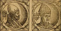 An illustration from Historia B. Platinae de vitis pontificum Romanorum : a D.N. Jesu Christo usque ad Paulum II. venetum papam : longe' quam antea emendatior, doctissimarumq[ue] annotationum Onuphrii Panuinii accessione nunc illustrior reddita : cui, eiusdem Onuphrii accurata atque fideli operâ, reliquorum pontificum vitae, usq[ue] ad Pium V. & Antonii Ciccarellae, usq[ue] ad Clementem VIII. qui hodiè sanctæ Romanae Catholicae ecclesiae præsidet, adiunctæ sunt : accesserunt nunc demum omnium pontificum verae effigies : omnia summo studio emendata & correcta (1600)