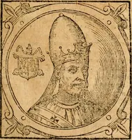 An illustration from Historia B. Platinae de vitis pontificum Romanorum : a D.N. Jesu Christo usque ad Paulum II. venetum papam : longe' quam antea emendatior, doctissimarumq[ue] annotationum Onuphrii Panuinii accessione nunc illustrior reddita : cui, eiusdem Onuphrii accurata atque fideli operâ, reliquorum pontificum vitae, usq[ue] ad Pium V. & Antonii Ciccarellae, usq[ue] ad Clementem VIII. qui hodiè sanctæ Romanae Catholicae ecclesiae præsidet, adiunctæ sunt : accesserunt nunc demum omnium pontificum verae effigies : omnia summo studio emendata & correcta (1600)