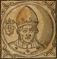 An illustration from Historia B. Platinae de vitis pontificum Romanorum : a D.N. Jesu Christo usque ad Paulum II. venetum papam : longe' quam antea emendatior, doctissimarumq[ue] annotationum Onuphrii Panuinii accessione nunc illustrior reddita : cui, eiusdem Onuphrii accurata atque fideli operâ, reliquorum pontificum vitae, usq[ue] ad Pium V. & Antonii Ciccarellae, usq[ue] ad Clementem VIII. qui hodiè sanctæ Romanae Catholicae ecclesiae præsidet, adiunctæ sunt : accesserunt nunc demum omnium pontificum verae effigies : omnia summo studio emendata & correcta (1600)