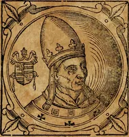 An illustration from Historia B. Platinae de vitis pontificum Romanorum : a D.N. Jesu Christo usque ad Paulum II. venetum papam : longe' quam antea emendatior, doctissimarumq[ue] annotationum Onuphrii Panuinii accessione nunc illustrior reddita : cui, eiusdem Onuphrii accurata atque fideli operâ, reliquorum pontificum vitae, usq[ue] ad Pium V. & Antonii Ciccarellae, usq[ue] ad Clementem VIII. qui hodiè sanctæ Romanae Catholicae ecclesiae præsidet, adiunctæ sunt : accesserunt nunc demum omnium pontificum verae effigies : omnia summo studio emendata & correcta (1600)