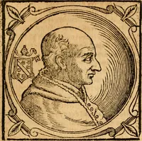 An illustration from Historia B. Platinae de vitis pontificum Romanorum : a D.N. Jesu Christo usque ad Paulum II. venetum papam : longe' quam antea emendatior, doctissimarumq[ue] annotationum Onuphrii Panuinii accessione nunc illustrior reddita : cui, eiusdem Onuphrii accurata atque fideli operâ, reliquorum pontificum vitae, usq[ue] ad Pium V. & Antonii Ciccarellae, usq[ue] ad Clementem VIII. qui hodiè sanctæ Romanae Catholicae ecclesiae præsidet, adiunctæ sunt : accesserunt nunc demum omnium pontificum verae effigies : omnia summo studio emendata & correcta (1600)