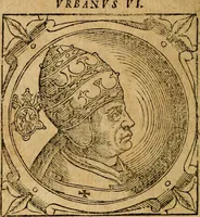 An illustration from Historia B. Platinae de vitis pontificum Romanorum : a D.N. Jesu Christo usque ad Paulum II. venetum papam : longe' quam antea emendatior, doctissimarumq[ue] annotationum Onuphrii Panuinii accessione nunc illustrior reddita : cui, eiusdem Onuphrii accurata atque fideli operâ, reliquorum pontificum vitae, usq[ue] ad Pium V. & Antonii Ciccarellae, usq[ue] ad Clementem VIII. qui hodiè sanctæ Romanae Catholicae ecclesiae præsidet, adiunctæ sunt : accesserunt nunc demum omnium pontificum verae effigies : omnia summo studio emendata & correcta (1600)