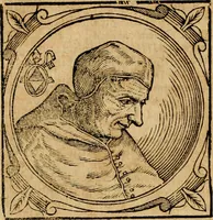 An illustration from Historia B. Platinae de vitis pontificum Romanorum : a D.N. Jesu Christo usque ad Paulum II. venetum papam : longe' quam antea emendatior, doctissimarumq[ue] annotationum Onuphrii Panuinii accessione nunc illustrior reddita : cui, eiusdem Onuphrii accurata atque fideli operâ, reliquorum pontificum vitae, usq[ue] ad Pium V. & Antonii Ciccarellae, usq[ue] ad Clementem VIII. qui hodiè sanctæ Romanae Catholicae ecclesiae præsidet, adiunctæ sunt : accesserunt nunc demum omnium pontificum verae effigies : omnia summo studio emendata & correcta (1600)