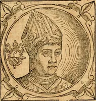 An illustration from Historia B. Platinae de vitis pontificum Romanorum : a D.N. Jesu Christo usque ad Paulum II. venetum papam : longe' quam antea emendatior, doctissimarumq[ue] annotationum Onuphrii Panuinii accessione nunc illustrior reddita : cui, eiusdem Onuphrii accurata atque fideli operâ, reliquorum pontificum vitae, usq[ue] ad Pium V. & Antonii Ciccarellae, usq[ue] ad Clementem VIII. qui hodiè sanctæ Romanae Catholicae ecclesiae præsidet, adiunctæ sunt : accesserunt nunc demum omnium pontificum verae effigies : omnia summo studio emendata & correcta (1600)
