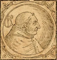 An illustration from Historia B. Platinae de vitis pontificum Romanorum : a D.N. Jesu Christo usque ad Paulum II. venetum papam : longe' quam antea emendatior, doctissimarumq[ue] annotationum Onuphrii Panuinii accessione nunc illustrior reddita : cui, eiusdem Onuphrii accurata atque fideli operâ, reliquorum pontificum vitae, usq[ue] ad Pium V. & Antonii Ciccarellae, usq[ue] ad Clementem VIII. qui hodiè sanctæ Romanae Catholicae ecclesiae præsidet, adiunctæ sunt : accesserunt nunc demum omnium pontificum verae effigies : omnia summo studio emendata & correcta (1600)