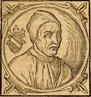 An illustration from Historia B. Platinae de vitis pontificum Romanorum : a D.N. Jesu Christo usque ad Paulum II. venetum papam : longe' quam antea emendatior, doctissimarumq[ue] annotationum Onuphrii Panuinii accessione nunc illustrior reddita : cui, eiusdem Onuphrii accurata atque fideli operâ, reliquorum pontificum vitae, usq[ue] ad Pium V. & Antonii Ciccarellae, usq[ue] ad Clementem VIII. qui hodiè sanctæ Romanae Catholicae ecclesiae præsidet, adiunctæ sunt : accesserunt nunc demum omnium pontificum verae effigies : omnia summo studio emendata & correcta (1600)