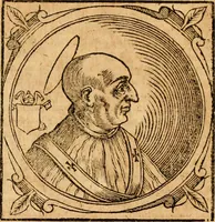 An illustration from Historia B. Platinae de vitis pontificum Romanorum : a D.N. Jesu Christo usque ad Paulum II. venetum papam : longe' quam antea emendatior, doctissimarumq[ue] annotationum Onuphrii Panuinii accessione nunc illustrior reddita : cui, eiusdem Onuphrii accurata atque fideli operâ, reliquorum pontificum vitae, usq[ue] ad Pium V. & Antonii Ciccarellae, usq[ue] ad Clementem VIII. qui hodiè sanctæ Romanae Catholicae ecclesiae præsidet, adiunctæ sunt : accesserunt nunc demum omnium pontificum verae effigies : omnia summo studio emendata & correcta (1600)
