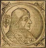 An illustration from Historia B. Platinae de vitis pontificum Romanorum : a D.N. Jesu Christo usque ad Paulum II. venetum papam : longe' quam antea emendatior, doctissimarumq[ue] annotationum Onuphrii Panuinii accessione nunc illustrior reddita : cui, eiusdem Onuphrii accurata atque fideli operâ, reliquorum pontificum vitae, usq[ue] ad Pium V. & Antonii Ciccarellae, usq[ue] ad Clementem VIII. qui hodiè sanctæ Romanae Catholicae ecclesiae præsidet, adiunctæ sunt : accesserunt nunc demum omnium pontificum verae effigies : omnia summo studio emendata & correcta (1600)