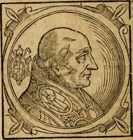 An illustration from Historia B. Platinae de vitis pontificum Romanorum : a D.N. Jesu Christo usque ad Paulum II. venetum papam : longe' quam antea emendatior, doctissimarumq[ue] annotationum Onuphrii Panuinii accessione nunc illustrior reddita : cui, eiusdem Onuphrii accurata atque fideli operâ, reliquorum pontificum vitae, usq[ue] ad Pium V. & Antonii Ciccarellae, usq[ue] ad Clementem VIII. qui hodiè sanctæ Romanae Catholicae ecclesiae præsidet, adiunctæ sunt : accesserunt nunc demum omnium pontificum verae effigies : omnia summo studio emendata & correcta (1600)