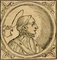 An illustration from Historia B. Platinae de vitis pontificum Romanorum : a D.N. Jesu Christo usque ad Paulum II. venetum papam : longe' quam antea emendatior, doctissimarumq[ue] annotationum Onuphrii Panuinii accessione nunc illustrior reddita : cui, eiusdem Onuphrii accurata atque fideli operâ, reliquorum pontificum vitae, usq[ue] ad Pium V. & Antonii Ciccarellae, usq[ue] ad Clementem VIII. qui hodiè sanctæ Romanae Catholicae ecclesiae præsidet, adiunctæ sunt : accesserunt nunc demum omnium pontificum verae effigies : omnia summo studio emendata & correcta (1600)