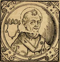 An illustration from Historia B. Platinae de vitis pontificum Romanorum : a D.N. Jesu Christo usque ad Paulum II. venetum papam : longe' quam antea emendatior, doctissimarumq[ue] annotationum Onuphrii Panuinii accessione nunc illustrior reddita : cui, eiusdem Onuphrii accurata atque fideli operâ, reliquorum pontificum vitae, usq[ue] ad Pium V. & Antonii Ciccarellae, usq[ue] ad Clementem VIII. qui hodiè sanctæ Romanae Catholicae ecclesiae præsidet, adiunctæ sunt : accesserunt nunc demum omnium pontificum verae effigies : omnia summo studio emendata & correcta (1600)