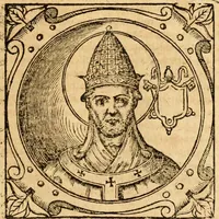An illustration from Historia B. Platinae de vitis pontificum Romanorum : a D.N. Jesu Christo usque ad Paulum II. venetum papam : longe' quam antea emendatior, doctissimarumq[ue] annotationum Onuphrii Panuinii accessione nunc illustrior reddita : cui, eiusdem Onuphrii accurata atque fideli operâ, reliquorum pontificum vitae, usq[ue] ad Pium V. & Antonii Ciccarellae, usq[ue] ad Clementem VIII. qui hodiè sanctæ Romanae Catholicae ecclesiae præsidet, adiunctæ sunt : accesserunt nunc demum omnium pontificum verae effigies : omnia summo studio emendata & correcta (1600)