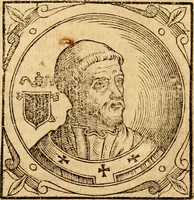 An illustration from Historia B. Platinae de vitis pontificum Romanorum : a D.N. Jesu Christo usque ad Paulum II. venetum papam : longe' quam antea emendatior, doctissimarumq[ue] annotationum Onuphrii Panuinii accessione nunc illustrior reddita : cui, eiusdem Onuphrii accurata atque fideli operâ, reliquorum pontificum vitae, usq[ue] ad Pium V. & Antonii Ciccarellae, usq[ue] ad Clementem VIII. qui hodiè sanctæ Romanae Catholicae ecclesiae præsidet, adiunctæ sunt : accesserunt nunc demum omnium pontificum verae effigies : omnia summo studio emendata & correcta (1600)