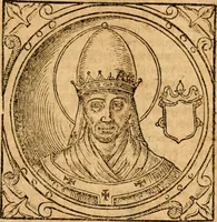 An illustration from Historia B. Platinae de vitis pontificum Romanorum : a D.N. Jesu Christo usque ad Paulum II. venetum papam : longe' quam antea emendatior, doctissimarumq[ue] annotationum Onuphrii Panuinii accessione nunc illustrior reddita : cui, eiusdem Onuphrii accurata atque fideli operâ, reliquorum pontificum vitae, usq[ue] ad Pium V. & Antonii Ciccarellae, usq[ue] ad Clementem VIII. qui hodiè sanctæ Romanae Catholicae ecclesiae præsidet, adiunctæ sunt : accesserunt nunc demum omnium pontificum verae effigies : omnia summo studio emendata & correcta (1600)
