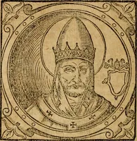 An illustration from Historia B. Platinae de vitis pontificum Romanorum : a D.N. Jesu Christo usque ad Paulum II. venetum papam : longe' quam antea emendatior, doctissimarumq[ue] annotationum Onuphrii Panuinii accessione nunc illustrior reddita : cui, eiusdem Onuphrii accurata atque fideli operâ, reliquorum pontificum vitae, usq[ue] ad Pium V. & Antonii Ciccarellae, usq[ue] ad Clementem VIII. qui hodiè sanctæ Romanae Catholicae ecclesiae præsidet, adiunctæ sunt : accesserunt nunc demum omnium pontificum verae effigies : omnia summo studio emendata & correcta (1600)