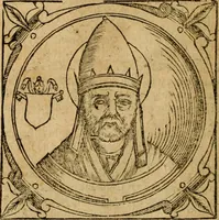 An illustration from Historia B. Platinae de vitis pontificum Romanorum : a D.N. Jesu Christo usque ad Paulum II. venetum papam : longe' quam antea emendatior, doctissimarumq[ue] annotationum Onuphrii Panuinii accessione nunc illustrior reddita : cui, eiusdem Onuphrii accurata atque fideli operâ, reliquorum pontificum vitae, usq[ue] ad Pium V. & Antonii Ciccarellae, usq[ue] ad Clementem VIII. qui hodiè sanctæ Romanae Catholicae ecclesiae præsidet, adiunctæ sunt : accesserunt nunc demum omnium pontificum verae effigies : omnia summo studio emendata & correcta (1600)