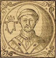 An illustration from Historia B. Platinae de vitis pontificum Romanorum : a D.N. Jesu Christo usque ad Paulum II. venetum papam : longe' quam antea emendatior, doctissimarumq[ue] annotationum Onuphrii Panuinii accessione nunc illustrior reddita : cui, eiusdem Onuphrii accurata atque fideli operâ, reliquorum pontificum vitae, usq[ue] ad Pium V. & Antonii Ciccarellae, usq[ue] ad Clementem VIII. qui hodiè sanctæ Romanae Catholicae ecclesiae præsidet, adiunctæ sunt : accesserunt nunc demum omnium pontificum verae effigies : omnia summo studio emendata & correcta (1600)