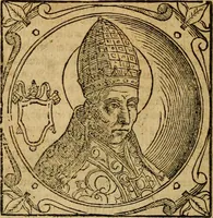 An illustration from Historia B. Platinae de vitis pontificum Romanorum : a D.N. Jesu Christo usque ad Paulum II. venetum papam : longe' quam antea emendatior, doctissimarumq[ue] annotationum Onuphrii Panuinii accessione nunc illustrior reddita : cui, eiusdem Onuphrii accurata atque fideli operâ, reliquorum pontificum vitae, usq[ue] ad Pium V. & Antonii Ciccarellae, usq[ue] ad Clementem VIII. qui hodiè sanctæ Romanae Catholicae ecclesiae præsidet, adiunctæ sunt : accesserunt nunc demum omnium pontificum verae effigies : omnia summo studio emendata & correcta (1600)