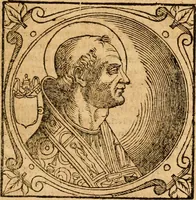 An illustration from Historia B. Platinae de vitis pontificum Romanorum : a D.N. Jesu Christo usque ad Paulum II. venetum papam : longe' quam antea emendatior, doctissimarumq[ue] annotationum Onuphrii Panuinii accessione nunc illustrior reddita : cui, eiusdem Onuphrii accurata atque fideli operâ, reliquorum pontificum vitae, usq[ue] ad Pium V. & Antonii Ciccarellae, usq[ue] ad Clementem VIII. qui hodiè sanctæ Romanae Catholicae ecclesiae præsidet, adiunctæ sunt : accesserunt nunc demum omnium pontificum verae effigies : omnia summo studio emendata & correcta (1600)
