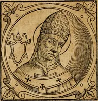 An illustration from Historia B. Platinae de vitis pontificum Romanorum : a D.N. Jesu Christo usque ad Paulum II. venetum papam : longe' quam antea emendatior, doctissimarumq[ue] annotationum Onuphrii Panuinii accessione nunc illustrior reddita : cui, eiusdem Onuphrii accurata atque fideli operâ, reliquorum pontificum vitae, usq[ue] ad Pium V. & Antonii Ciccarellae, usq[ue] ad Clementem VIII. qui hodiè sanctæ Romanae Catholicae ecclesiae præsidet, adiunctæ sunt : accesserunt nunc demum omnium pontificum verae effigies : omnia summo studio emendata & correcta (1600)