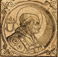 An illustration from Historia B. Platinae de vitis pontificum Romanorum : a D.N. Jesu Christo usque ad Paulum II. venetum papam : longe' quam antea emendatior, doctissimarumq[ue] annotationum Onuphrii Panuinii accessione nunc illustrior reddita : cui, eiusdem Onuphrii accurata atque fideli operâ, reliquorum pontificum vitae, usq[ue] ad Pium V. & Antonii Ciccarellae, usq[ue] ad Clementem VIII. qui hodiè sanctæ Romanae Catholicae ecclesiae præsidet, adiunctæ sunt : accesserunt nunc demum omnium pontificum verae effigies : omnia summo studio emendata & correcta (1600)