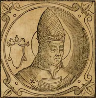 An illustration from Historia B. Platinae de vitis pontificum Romanorum : a D.N. Jesu Christo usque ad Paulum II. venetum papam : longe' quam antea emendatior, doctissimarumq[ue] annotationum Onuphrii Panuinii accessione nunc illustrior reddita : cui, eiusdem Onuphrii accurata atque fideli operâ, reliquorum pontificum vitae, usq[ue] ad Pium V. & Antonii Ciccarellae, usq[ue] ad Clementem VIII. qui hodiè sanctæ Romanae Catholicae ecclesiae præsidet, adiunctæ sunt : accesserunt nunc demum omnium pontificum verae effigies : omnia summo studio emendata & correcta (1600)