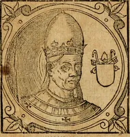 Picture 62 of 231 from Historia B. Platinae de vitis pontificum Romanorum : a D.N. Jesu Christo usque ad Paulum II. venetum papam : longe' quam antea emendatior, doctissimarumq[ue] annotationum Onuphrii Panuinii accessione nunc illustrior reddita : cui, eiusdem Onuphrii accurata atque fideli operâ, reliquorum pontificum vitae, usq[ue] ad Pium V. & Antonii Ciccarellae, usq[ue] ad Clementem VIII. qui hodiè sanctæ Romanae Catholicae ecclesiae præsidet, adiunctæ sunt : accesserunt nunc demum omnium pontificum verae effigies : omnia summo studio emendata & correcta (1600), leaf 77