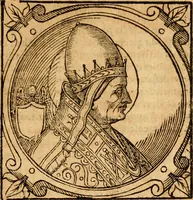 An illustration from Historia B. Platinae de vitis pontificum Romanorum : a D.N. Jesu Christo usque ad Paulum II. venetum papam : longe' quam antea emendatior, doctissimarumq[ue] annotationum Onuphrii Panuinii accessione nunc illustrior reddita : cui, eiusdem Onuphrii accurata atque fideli operâ, reliquorum pontificum vitae, usq[ue] ad Pium V. & Antonii Ciccarellae, usq[ue] ad Clementem VIII. qui hodiè sanctæ Romanae Catholicae ecclesiae præsidet, adiunctæ sunt : accesserunt nunc demum omnium pontificum verae effigies : omnia summo studio emendata & correcta (1600)