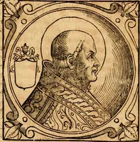 An illustration from Historia B. Platinae de vitis pontificum Romanorum : a D.N. Jesu Christo usque ad Paulum II. venetum papam : longe' quam antea emendatior, doctissimarumq[ue] annotationum Onuphrii Panuinii accessione nunc illustrior reddita : cui, eiusdem Onuphrii accurata atque fideli operâ, reliquorum pontificum vitae, usq[ue] ad Pium V. & Antonii Ciccarellae, usq[ue] ad Clementem VIII. qui hodiè sanctæ Romanae Catholicae ecclesiae præsidet, adiunctæ sunt : accesserunt nunc demum omnium pontificum verae effigies : omnia summo studio emendata & correcta (1600)