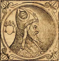 An illustration from Historia B. Platinae de vitis pontificum Romanorum : a D.N. Jesu Christo usque ad Paulum II. venetum papam : longe' quam antea emendatior, doctissimarumq[ue] annotationum Onuphrii Panuinii accessione nunc illustrior reddita : cui, eiusdem Onuphrii accurata atque fideli operâ, reliquorum pontificum vitae, usq[ue] ad Pium V. & Antonii Ciccarellae, usq[ue] ad Clementem VIII. qui hodiè sanctæ Romanae Catholicae ecclesiae præsidet, adiunctæ sunt : accesserunt nunc demum omnium pontificum verae effigies : omnia summo studio emendata & correcta (1600)