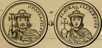 An illustration from Historia Byzantina duplici commentario illustrata : prior, Familias ac stemmata imperatorum constantinopolianorum, cum eorundem augustorum nomismatibus, & aliquot iconibus : praeterea familias dalmaticas & turcicas complecticur : alter, Descriptionem urbis constantinopolitanae, qualis extitit sub imperatoribus christianis (1680)